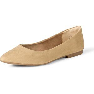Womens Beige Faux Leather Closed Pointed-Toe Low Heel Slip On Ballet Flat Shoes